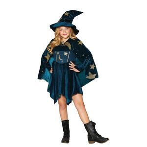 Blue and Gold Witch Costume with Flared Dress and Short Cape